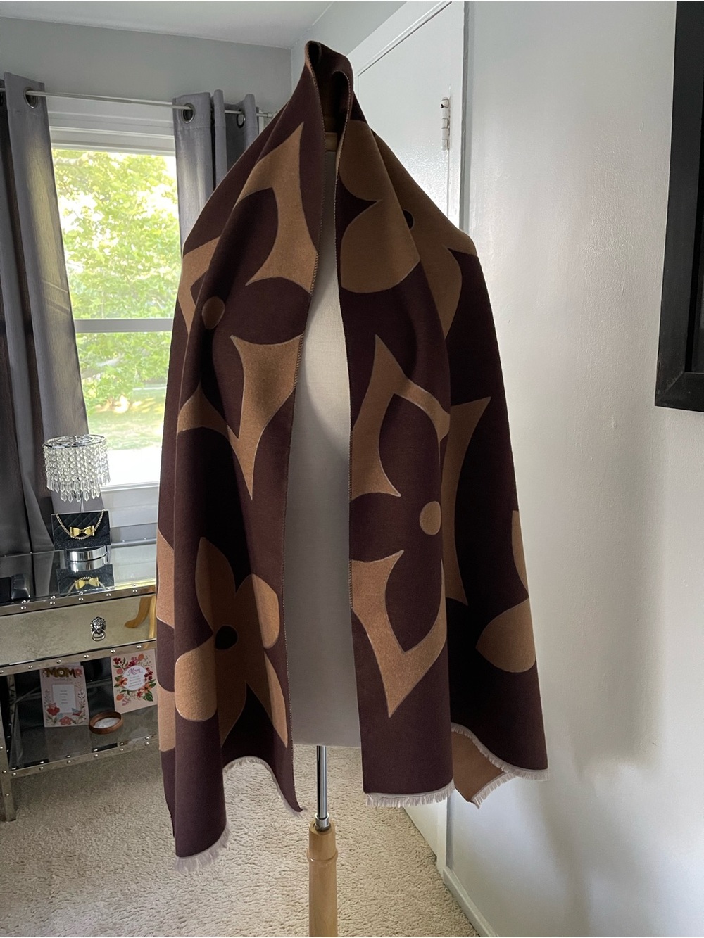 Luxury Brown & Tan Floral Wool Wrap Scarf